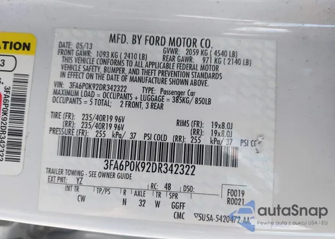 2013 Ford Fusion Titanium from USA, damaged, VIN 3FA6P0K92DR342322
